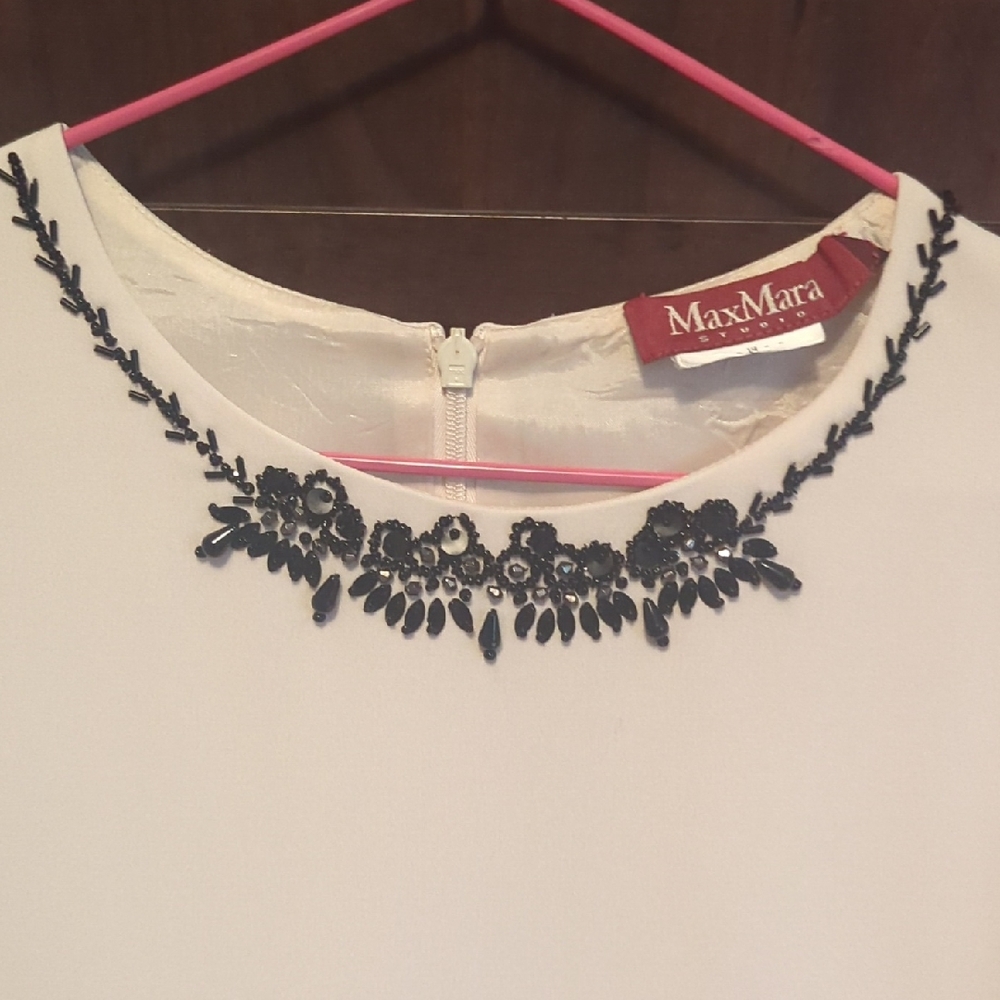MaxMara White Dress with Black Embroidery